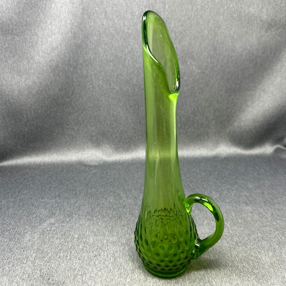 Green Hobnail Swung Vase Pitcher Applied Handle MCM Art Glass Retro 12" Textured